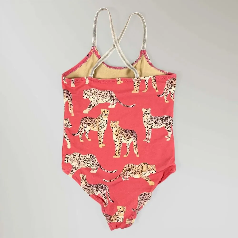 Pink Chicken Girls One-Piece Swimsuit in Coral with Leopard Print